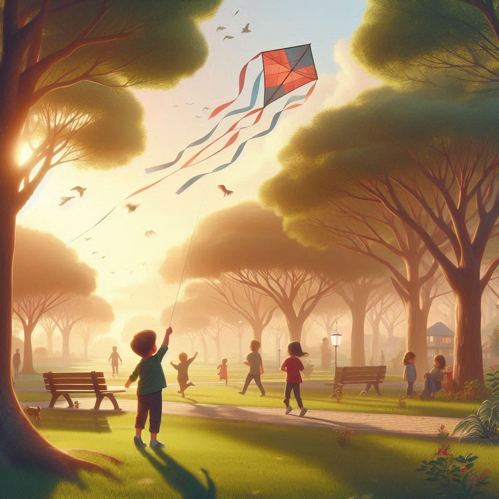 child playing with kite and others on the background