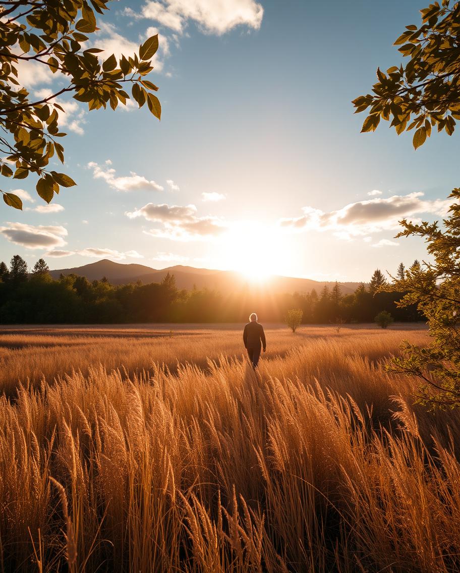 a man walking on tall grasses